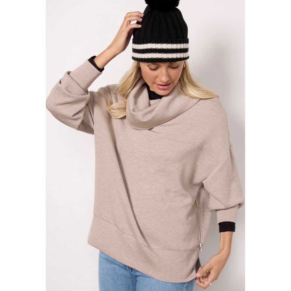 Varley Priya Longline Sweatshirt DoubleSoft Cowl Neck Taupe‎ Marl Size XS